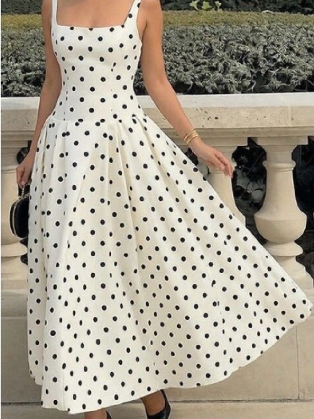 Classic White/Black Polka Dot Sleeveless/Square Neck Linen Midi Dress: 8